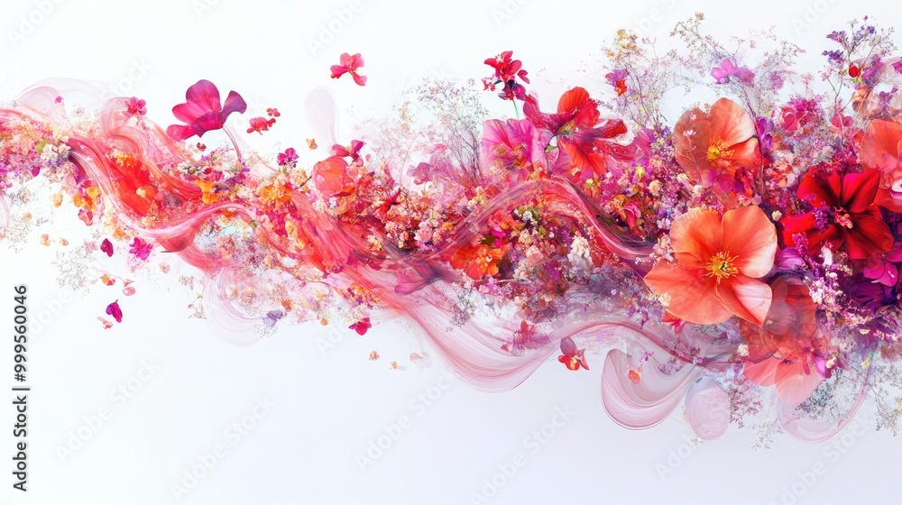 Poster mesmerizing swirling trails of beautiful flowers create an intricate abstract pattern on a white bac