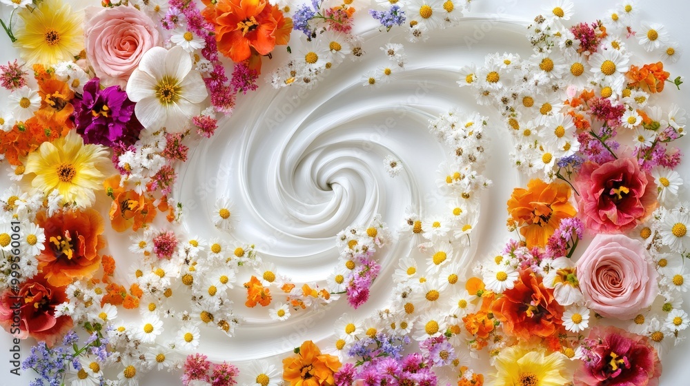 Poster mesmerizing swirling trails of flowers in vibrant colors form an intricate abstract pattern on a whi