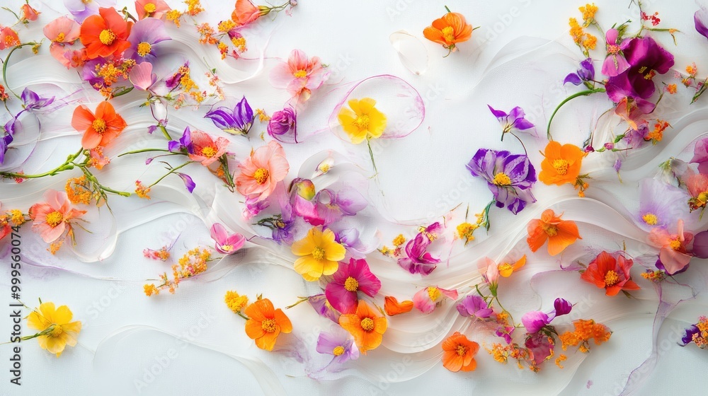 Poster mesmerizing swirling trails of flowers in vibrant colors form an intricate abstract pattern on a whi