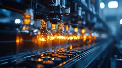 Glass bottles being formed and shaped in a glass manufacturing plant, glass bottle production, industrial manufacturing process