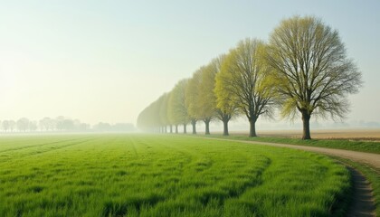 Fototapeta premium Tranquil country road lined with tall trees and lush green fields