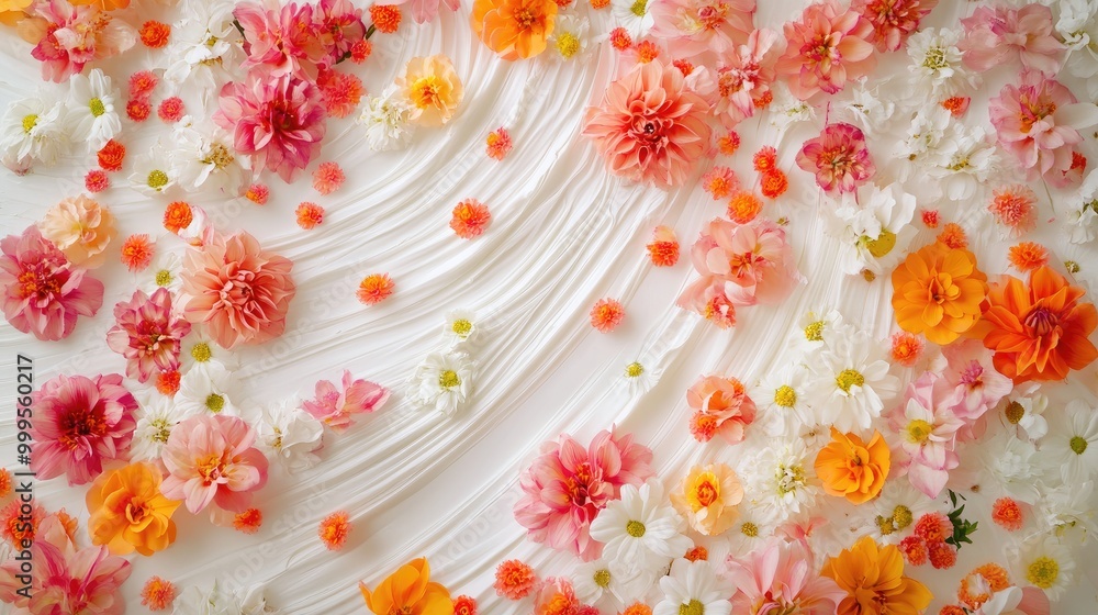 Poster mesmerizing trails of vibrant flowers swirl into an abstract pattern on a white backdrop, creating a