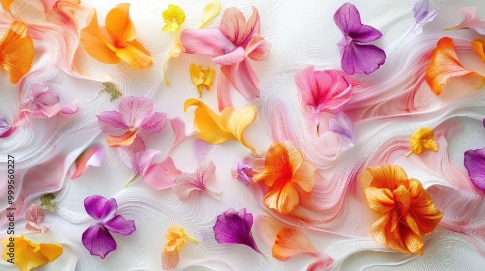 Poster mesmerizing trails of vibrant flowers swirl into an abstract pattern on a white backdrop, creating a