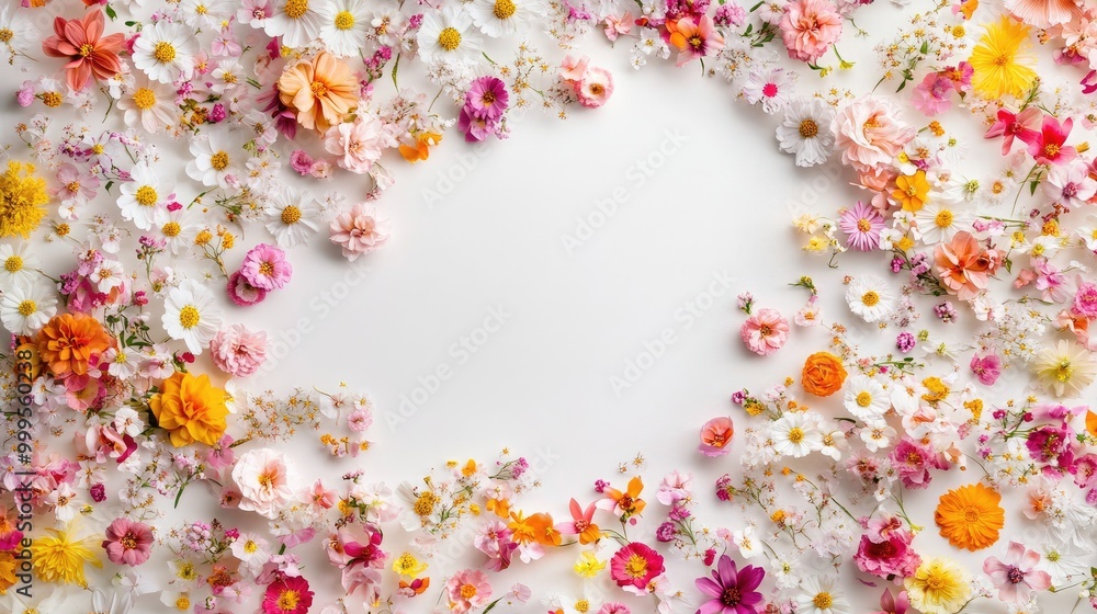 Poster mesmerizing trails of vibrant flowers swirl into an abstract pattern on a white backdrop, creating a