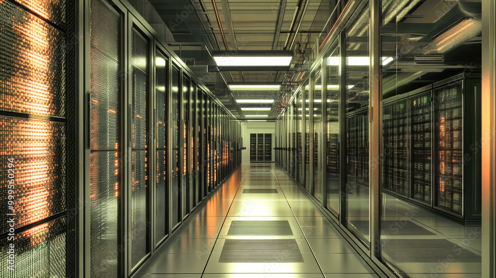 Poster a vast data center buzzes with energy as sleek servers line the aisles, each contributing to the sea