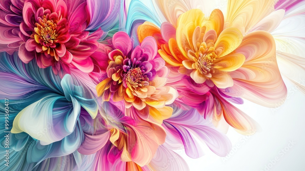 Poster stunning swirling flowers in vibrant colors form intricate patterns on a white background, creating 