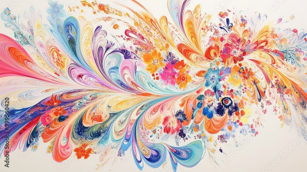 Poster stunning trails of colorful, swirling flowers form an abstract pattern on a white background, creati