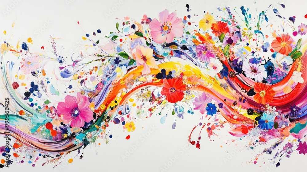 Poster stunning trails of colorful, swirling flowers form an abstract pattern on a white background, creati