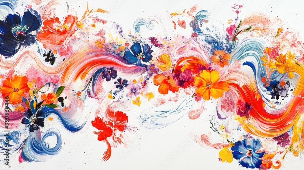 Poster stunning trails of colorful, swirling flowers form an abstract pattern on a white background, creati