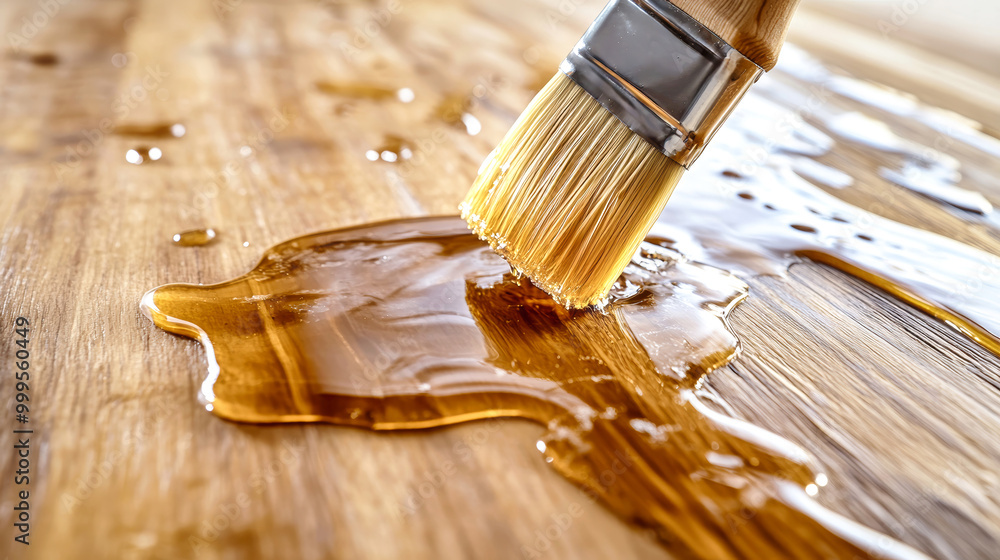 Poster applying clear varnish with a brush to a light wood surface, showcasing smooth resin and visible bru