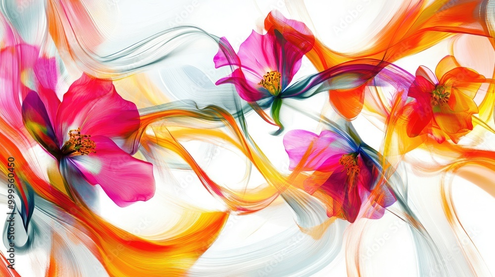 Poster stunning vibrant flowers in swirling trails form an abstract pattern on a white background, creating