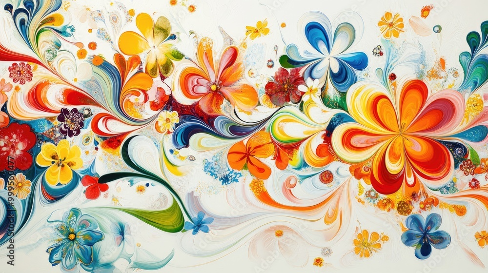 Poster stunning trails of colorful, swirling flowers form an abstract pattern on a white background, creati