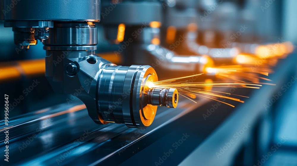 Poster a row of cnc machines precisely cutting and shaping metal components, cnc machine operation, precisi