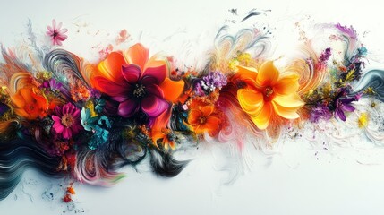 Swirling vibrant flowers form dynamic abstract patterns on a white backdrop, creating a captivating artistic floral scene