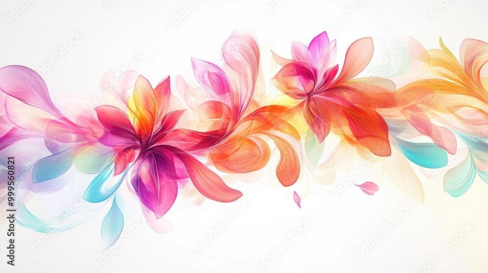 Poster beautiful colorful flowers swirl in dynamic trails, creating a captivating abstract pattern on a whi