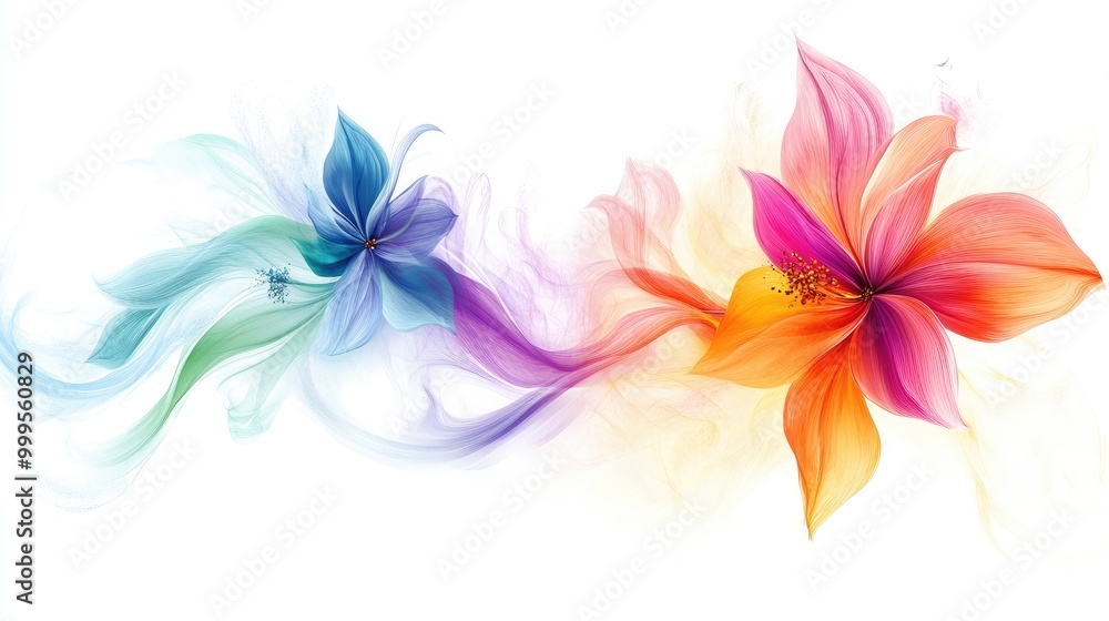 Poster beautiful colorful flowers swirl in dynamic trails, creating a captivating abstract pattern on a whi