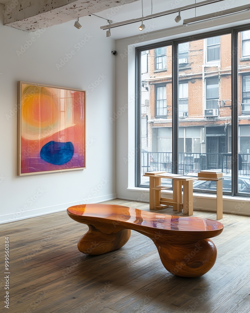 Poster Modern wooden bench in a minimalist gallery setting with a large abstract painting on the wall and a window view of an urban street.