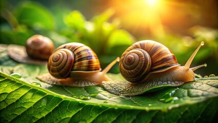 Detailed images of snails moving gracefully on vibrant green foliage, set in a peaceful natural backdrop with soft,