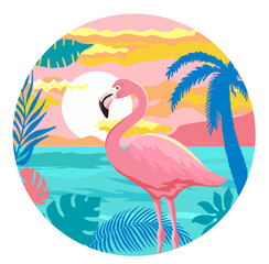 Summer holidays banner with flamingos, sea and the leaves of a palm tree. Beautiful pink flamingo bird standing in sea water on background with sun and palm