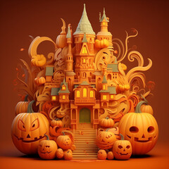 Halloween carved pumpkin monster illustration, ghosts, candle real colors, dark clouds, blood stream, ghosts, spooky, many houses, many ancient buildings, many palaces, multi dimensional paper quillin