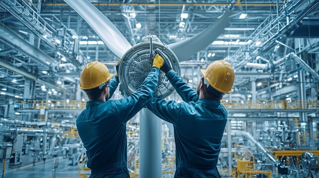 Workers assembling components of a wind turbine in a large manufacturing plant, wind turbine assembly, renewable energy production