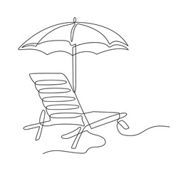 One line vacation icon beach sunbed with umbrella, wooden deck chair. Summertime relax