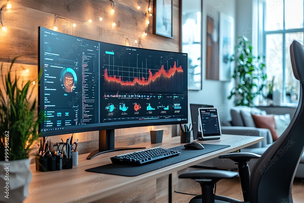 Aufkleber Modern workspace with a large curved monitor displaying financial data charts and graphs, a black keyboard and mouse, and a black ergonomic office chair in the foreground.