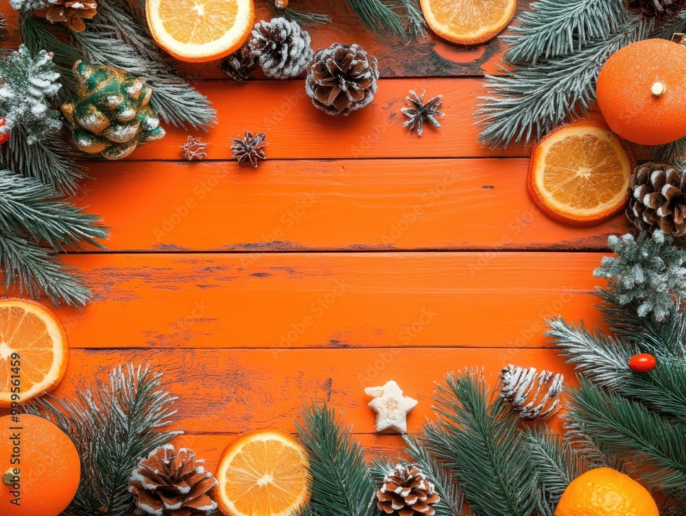 Poster Seasonal decoration essentials for a festive background top view of mixed accessories on a rustic orange wooden desk