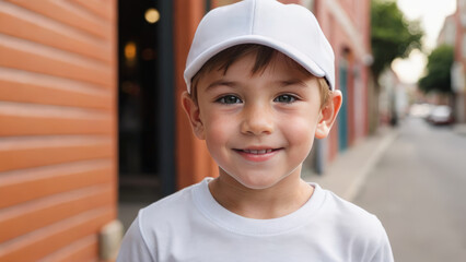 Little boy wearing white t-shirt and white baseball cap standing on the street