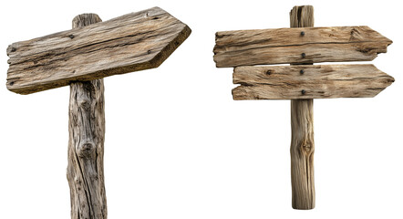 Rustic Wooden Directional Signposts in Nature, isolated on transparent background.