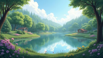 Obraz premium Enchanting lakeside retreat in a serene forest setting