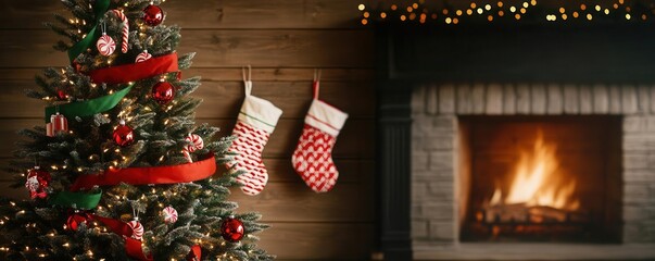Fototapeta premium Cozy Christmas scene featuring a decorated tree and stockings hung by the fireplace, radiating festive warmth and cheer.