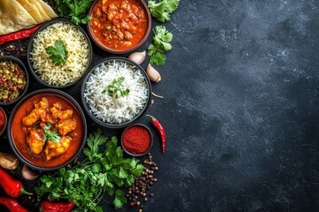 Indian food on dark background. Perfect for recipe blogs, menus, or food advertisements.