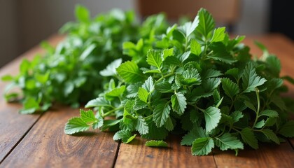  Freshly picked mint leaves on a wooden table