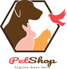 pet shop logo vector dog cat rabbit bird with hexagon shape pet store logo  animal care store cute bunny cat dog best logo
