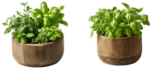 Fresh Herb Garden in Wooden Pots, isolated on transparent background.