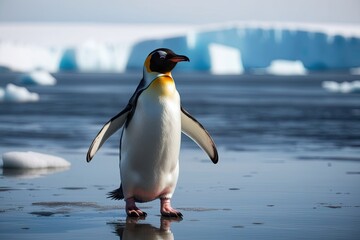 Fototapeta premium Penguin Waddling on Ice in Natural Habitat Wildlife Bird Behavior