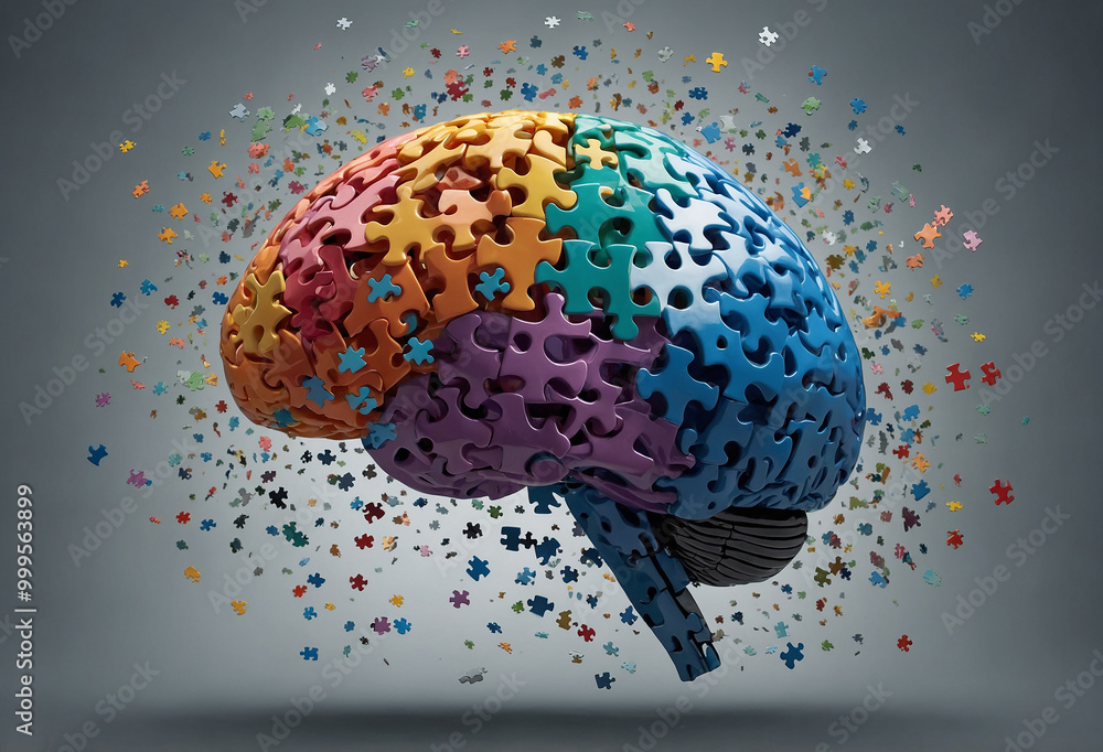 Poster brain made out of puzzle pieces, some of them floating away, representing creativity and problem-sol