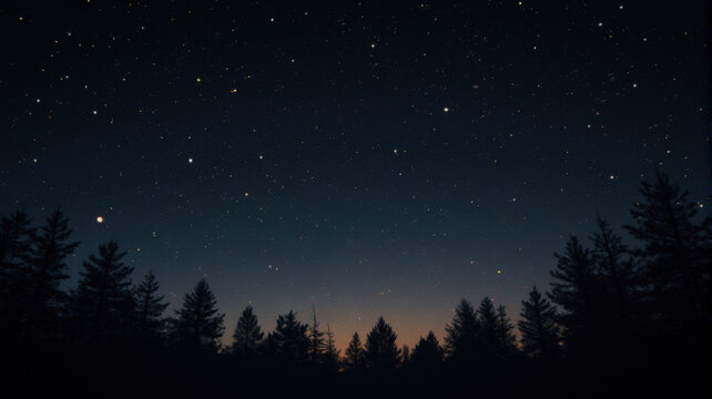 Stars twinkle above a tranquil forest with trees landscape at twilight