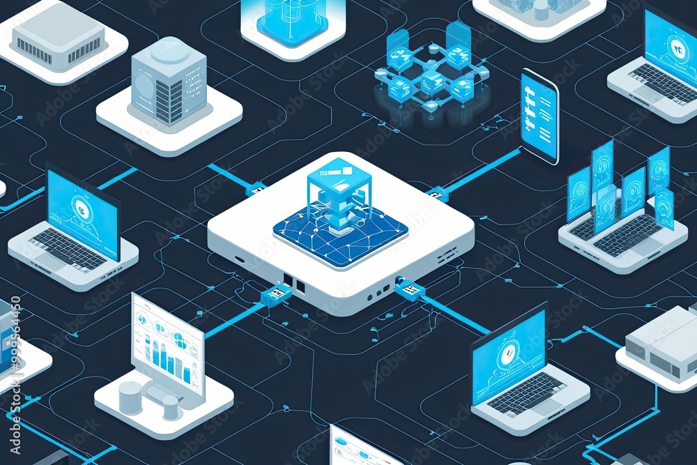 Poster isometric 3d visualization of network technologies and digital connectivity solutions
