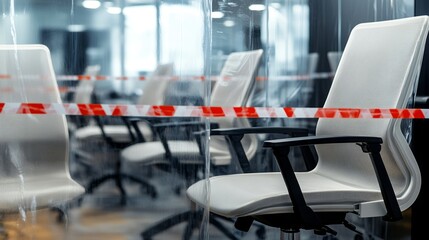 Fototapeta premium Office chairs marked with white and red tape looking through the plastic physical wall. New normal Concept for social distancing in offices during the Covid-19 pandemic. Precaution and safe workspace.