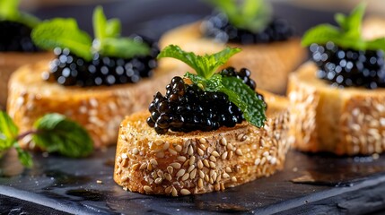 Toast topped with blue caviar and mint leaves