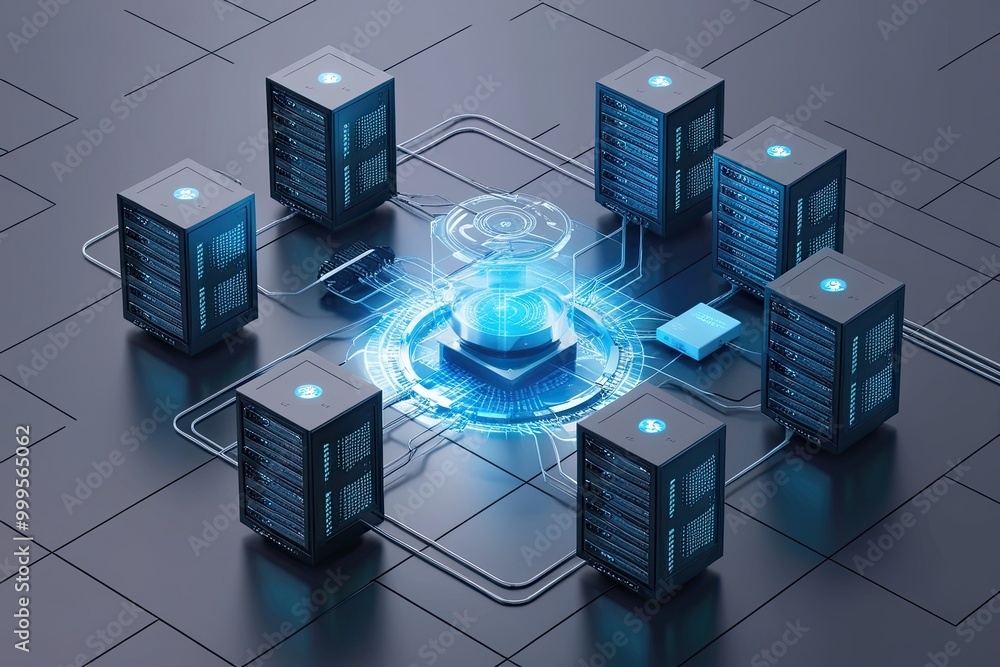 Poster aesthetic 3d representation of technology and server interaction in cyberspace
