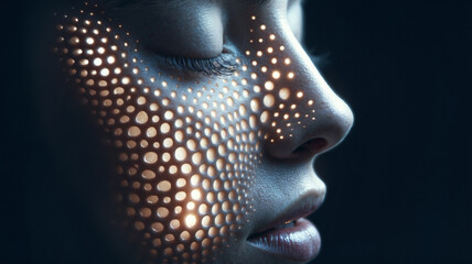 Photo of a woman with strange skin texture in the form of holes in her face and neck, the image shows a unique combination of human features, phobias and abstract art