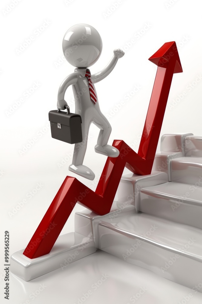 Poster business figure climbing steps represented by a rising graph in a professional setting
