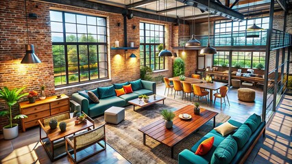 Naklejka premium Embrace modern industrial style with exposed brick walls, metal details, and rustic furnishings for a chic, inviting