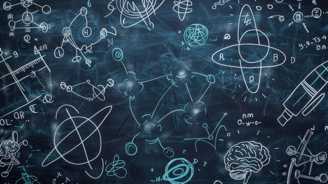 Chalkboard filled with scientific diagrams, equations, and illustrations representing various concepts in physics and chemistry - Powered by Adobe