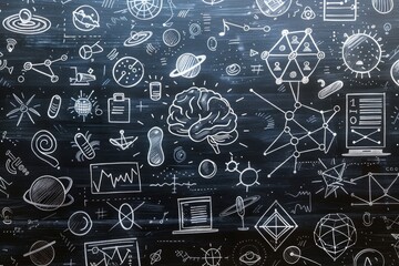 Intricate chalkboard filled with scientific drawings of the universe, biology, and mathematics in a classroom setting
