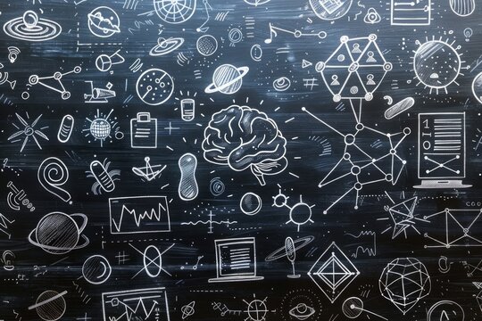 Intricate chalkboard filled with scientific drawings of the universe, biology, and mathematics in a classroom setting