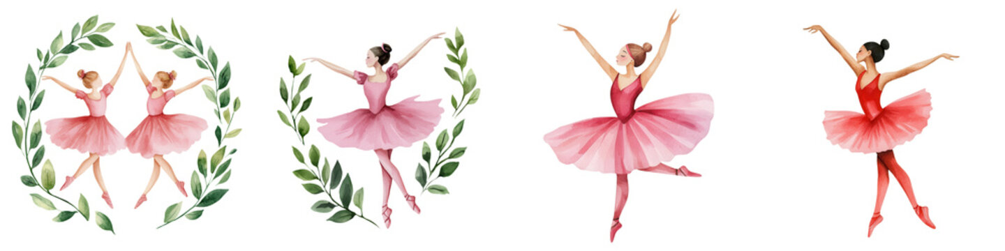 Fototapeta Ballerina illustrations in various poses with floral accents, white isolate background.